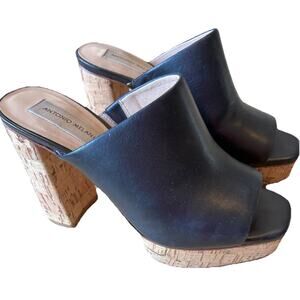 Y2K Open Toe Black Leather Soles Cork Wedge Platform Mules High Heels Clogs Sz 7